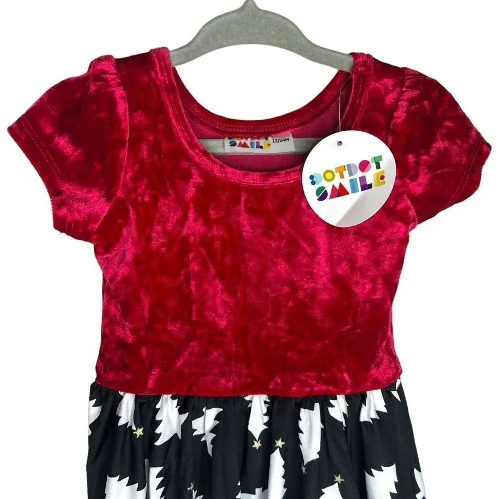 NEW Dot Dot Smile Red Velour Christmas Tree Cap Sleeve Dress 12-24M